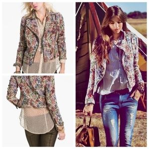 Free People Distressed Floral Tapestry Moto Jacket